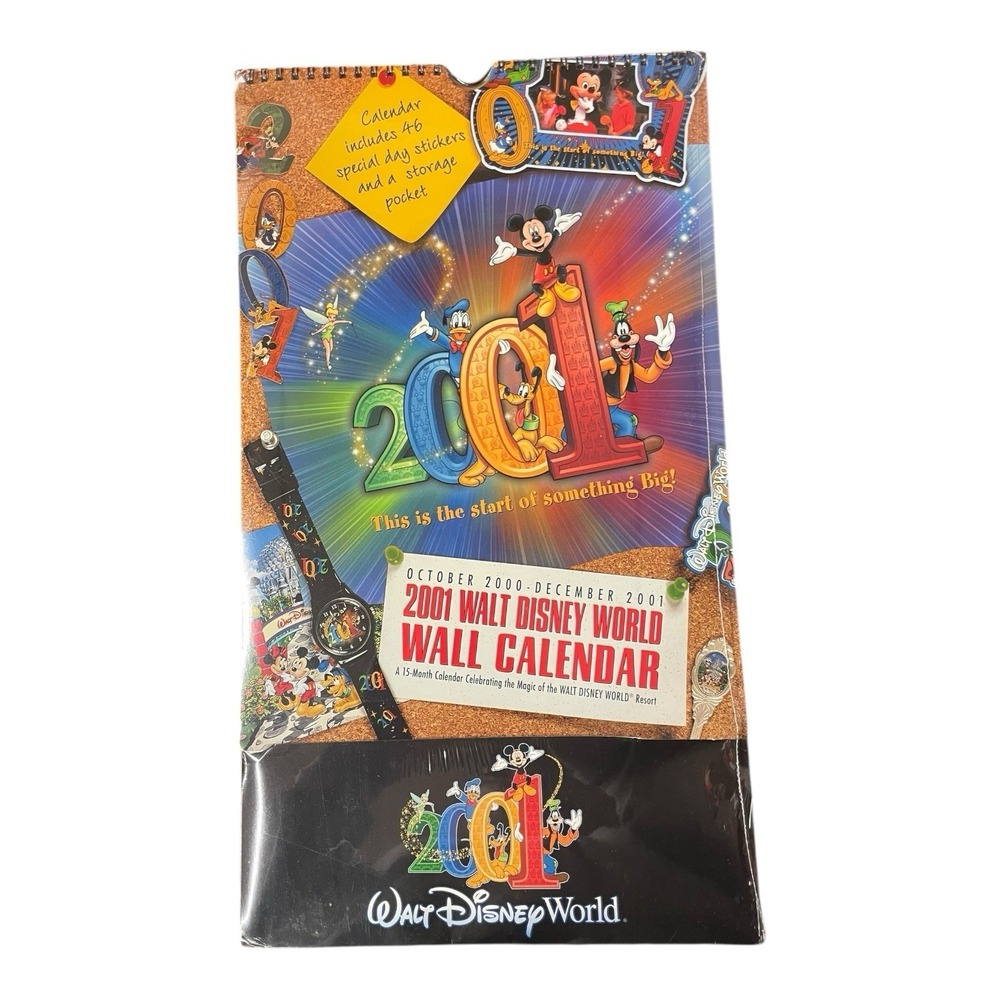 2001 Walt Disney World 15‎ Month 18"X10" Wall Calendar W/ Stickers Sealed